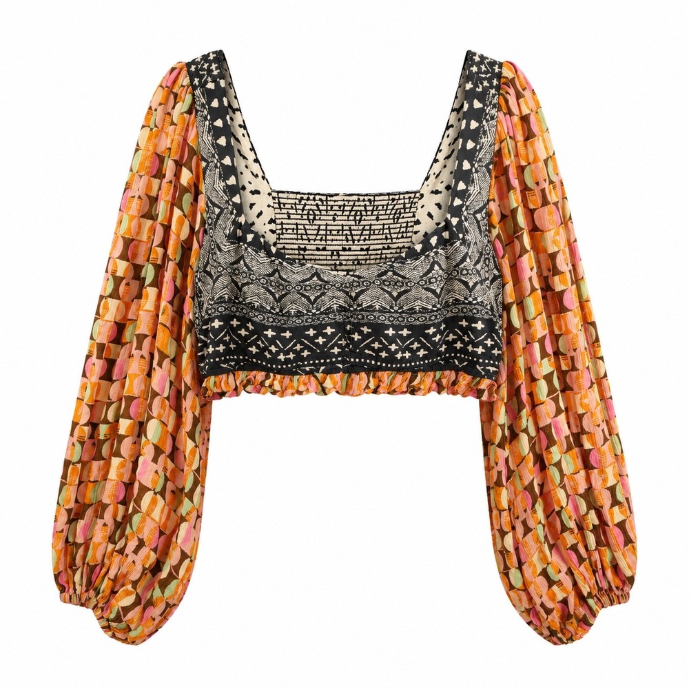 Free People Crop Top Mixed Print Smocked Balloon Sleeve M Multi Boho Festival